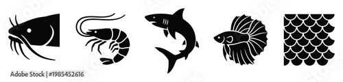 Black silhouettes of various aquatic creatures including a catfish head, shrimp, shark, betta fish, and fish scales provide versatile symbolic graphics for seafood menus, ocean life