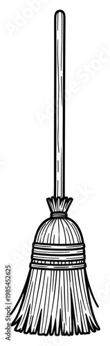 Traditional household broom with wooden handle and natural bristles for sweeping chores and Halloween holiday decorations