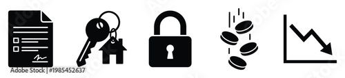 Essential graphic set featuring document agreement, home key, security lock, falling cash, and financial downturn chart ideal for economic analysis or property investment visuals