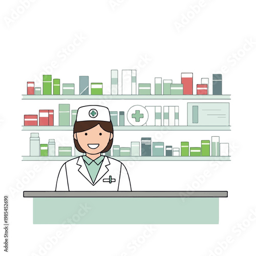 Pharmacist in Uniform Behind Counter with Shelves of Medicine Bottles and Boxes