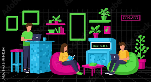 People relaxing in a modern lounge with arcade game.