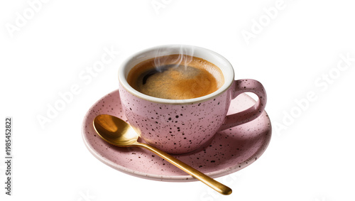 Bild auf Leinwand Pink speckled ceramic cup with hot coffee and silver spoon on saucer