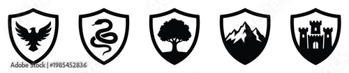Set of five crest style shield icons depicting a soaring eagle, coiled snake, strong tree, majestic mountains, and ancient castle, perfect for branding, app development, or thematic graphic
