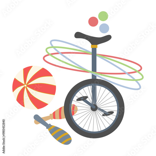 Collection of circus props including a unicycle, juggling clubs, hoops, and a large striped ball. Flat vector illustration of carnival performance gear isolated on white background.