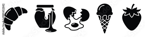 Assortment of sweet and savory breakfast, snack, and dessert food icons, ideal for restaurant graphics, cafe menus, or cooking web applications