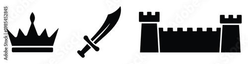 Royal crown, curved sabre sword, and strong castle fortress wall for medieval monarchy themes, historical game interfaces, power symbolism, and ancient kingdom story graphics.