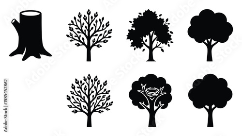 Collection of various black tree and tree stump silhouettes, ideal for naturethemed logos, environmental graphic design, or educational materials.