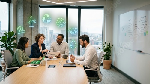 Team Discussing Strategies in Modern Office with Sustainable Icons