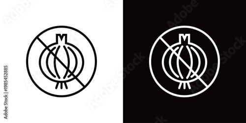 玉ねぎNGのアイコン。オリエンタルヴィーガンや犬猫飼育の禁忌。白黒ベクターイラスト