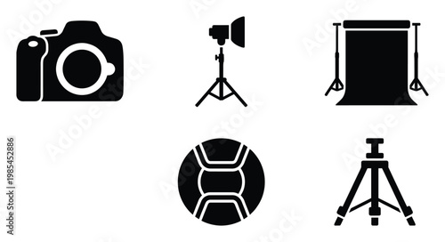 Professional photography studio equipment icons collection featuring camera, lighting, backdrop, lens, and tripod for various visual media projects