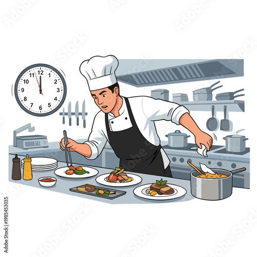 Chef prepares food in a busy kitchen with clock and utensils nearby quickly