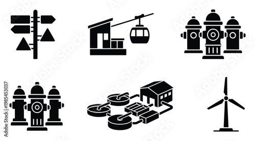 Essential infrastructure and public utility icons representing a directional signpost, cable car system, fire hydrants, a water treatment facility, and a wind turbine for urban development