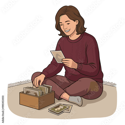 Woman sitting on floor counting money from box with bills scattered around her