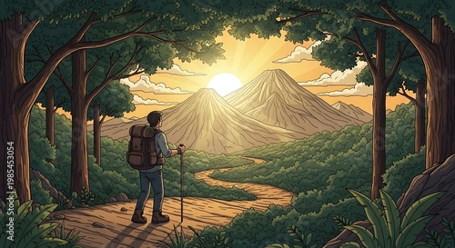 Man hiking on mountain trail sunrise.