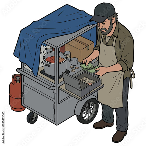 Man prepares food on a street cart outdoors in the city.