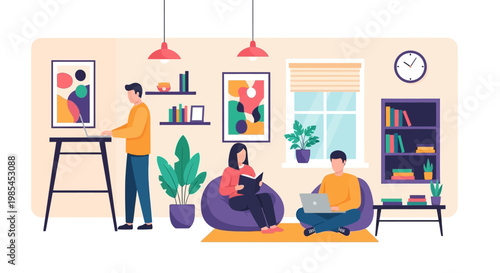 People studying and working in a cozy home environment.