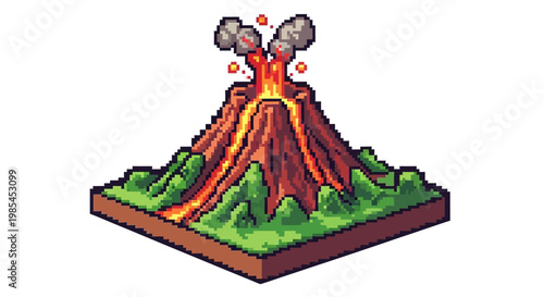 Isometric Pixel Art Volcano Erupting Lava Flow.