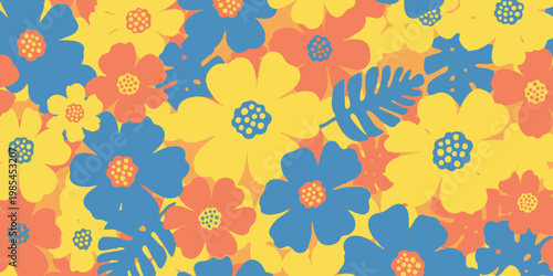Vibrant floral pattern with blue, yellow, and orange flowers and leaves on a white background