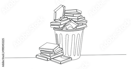 Continuous line drawing of old books overflowing from a wastebasket with additional discarded literature piled beside it, suitable for articles on education or knowledge waste.