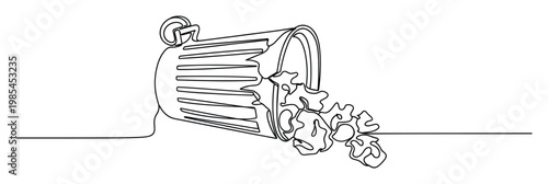 Single continuous line drawing of a popcorn bucket tipped over with delicious kernels spilling out, perfect for cinema promotions, snack advertisements, and minimalist graphic design