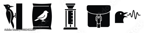 This collection of wildlife observation icons, including a woodpecker, birdseed, measurement tool, field bag, and bird call, is ideal for apps, educational resources, and naturethemed