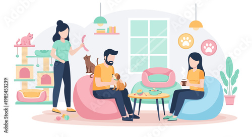 People interacting with pets in a cozy living room setting.