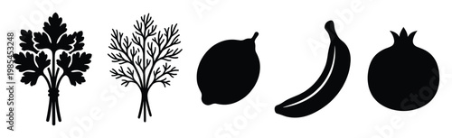 Fresh food silhouettes including parsley, dill, lemon, banana, and pomegranate perfect for cooking recipes, healthy eating guides, and nutritional diet plans