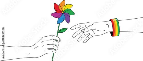 Gay Pride Month Illustration with Rainbow Flower and Hands Reaching Together for LGBTQ Diversity Equality Freedom and Love Celebration Poster