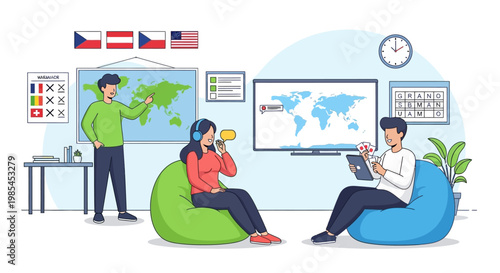 People learning languages in a modern classroom setting.