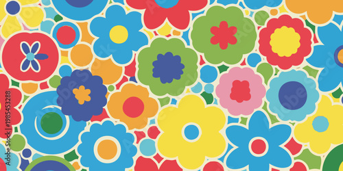 Vibrant flowers of various colors and shapes are densely arranged.