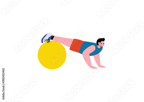 バランスボールで腕立て伏せする男性のイラスト