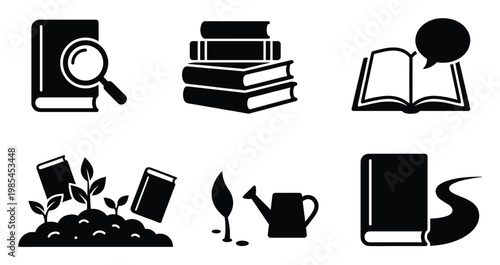 Essential education and learning icons depicting book search, book stacks, open book talk, learning growth, nurturing ideas, and the wisdom path, useful for academic applications and