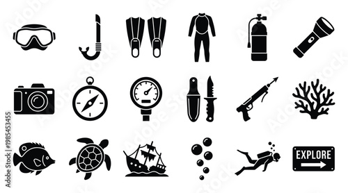 Detailed set of scuba diving and snorkeling gear icons, including essential equipment, diverse marine animals, and underwater exploration elements, ideal for water sport themed
