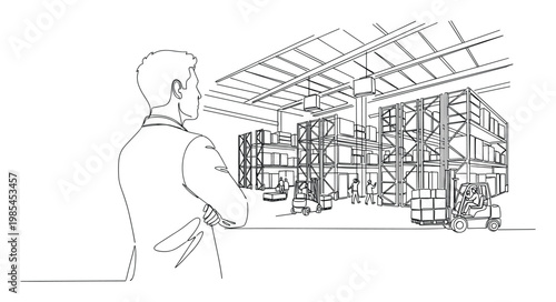 Male manager overseeing busy modern warehouse operations with workers and forklifts efficiently managing inventory and logistics for supply chain business solutions