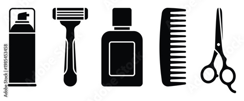 Essential grooming tools set including shaving cream, razor, aftershave, comb, and scissors, perfect for barbershop branding, personal care product packaging, and hygiene themed