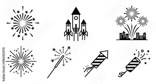 Collection of festive firework rocket and celebration icons for new year holidays, success events, and special occasion graphic resources for web and print applications