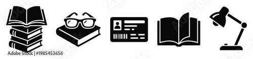 Academic and study graphic icons including stacked books, reading glasses on a book, student ID card, open book, and desk lamp, suitable for educational content and school projects.