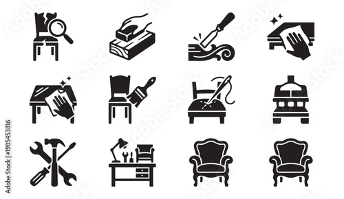 Icons illustrating furniture restoration and repair services with furniture