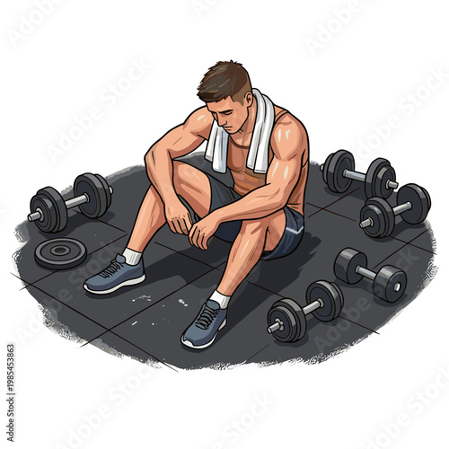 Man sits exhausted on gym floor among dumbbells and weights