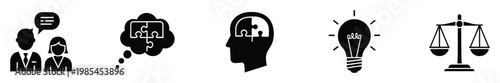 Essential business and education icons representing communication, collaborative problem solving, insightful thinking, innovative ideas, and balanced justice for presentations, web, and