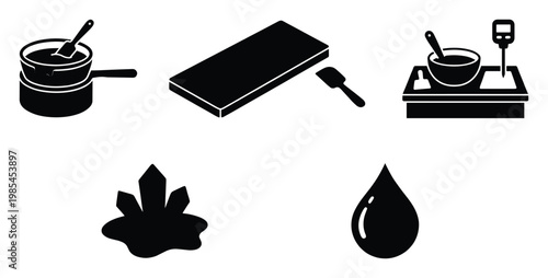 Symbols depicting the step by step process of creating handmade items, showing melting, mixing, measuring, and forming ingredients, ideal for instructional guides and artisanal product