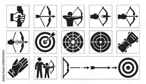 Archery icons set bows arrows targets archery equipment with competition
