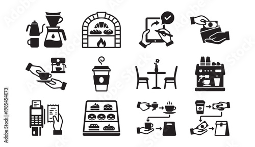 Cafe and bakery icons coffee pastries ordering with restaurant, takeaway