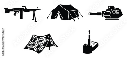 Comprehensive collection of essential military and tactical equipment including machine gun, tent, weapon system, camouflage net, and radio, ideal for defense strategy visuals and survival