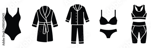 Black silhouette icons of womens swimwear, loungewear, pajamas, and intimate apparel for clothing guides, product representations, and lifestyle content