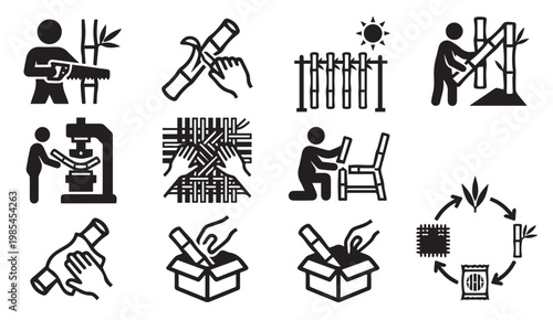 Bamboo processing and manufacturing icons with manufacturing industry material