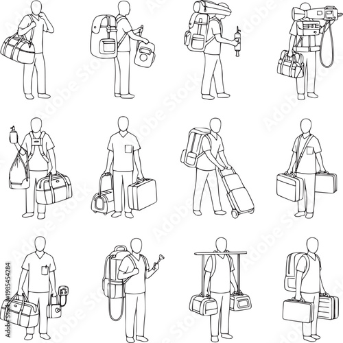 flat design vector illustration of diverse travelers with luggage and backpacks for travel concept