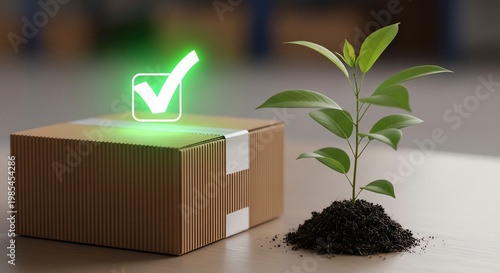 Eco-Friendly Green Plant Growing Next to Solar Power Box with Checkmark Symbol.