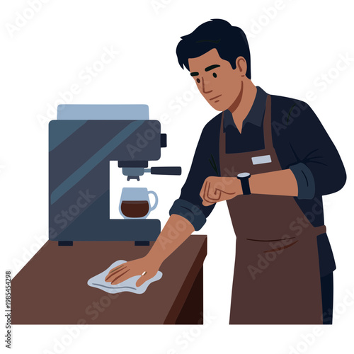 Man wiping coffee machine with cloth on brown table indoors