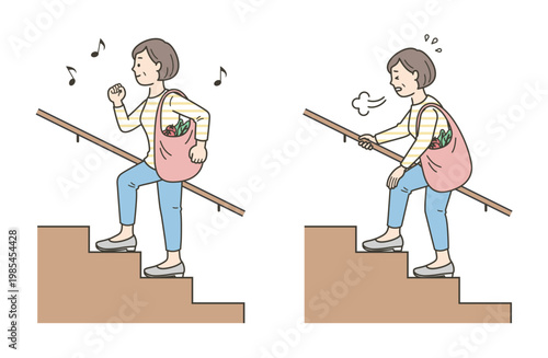 元気に階段を上る買い物帰りの中年の女性と辛そうな女性のイラスト

